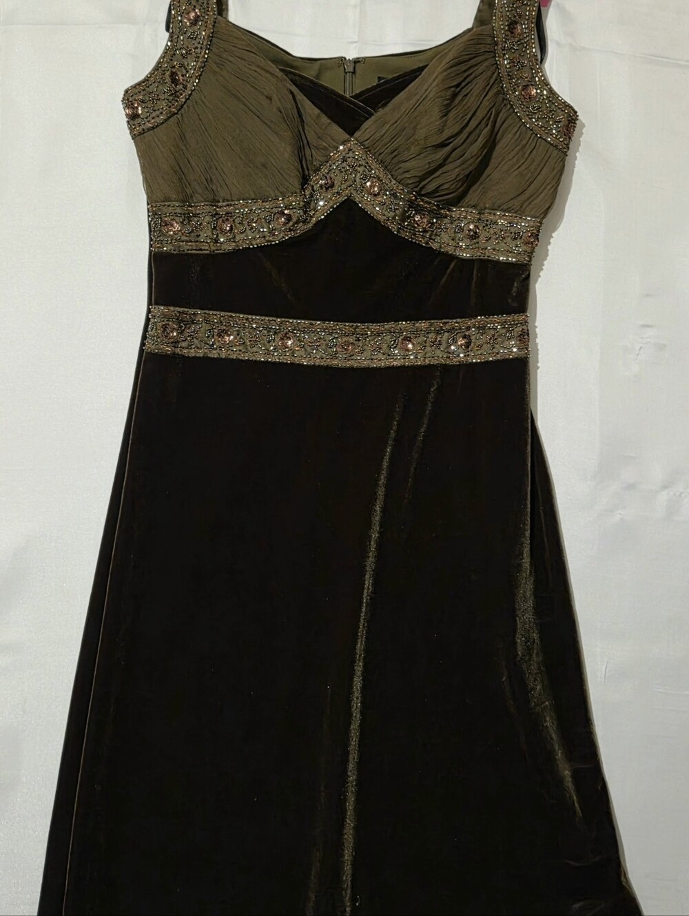 Dusk Collection Embellished Olive Dress And Beaded Gold Stones    SZ 10